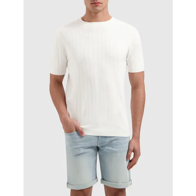 PURE PATH VERTICAL STRIPED KNITWEAR T-SHIRT OFF WHITE