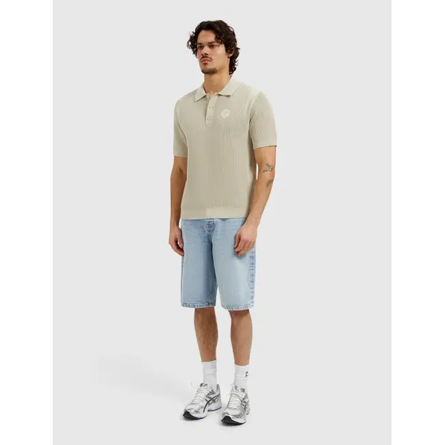 PURE PATH EMBLEM OPEN KNIT POLO SAND