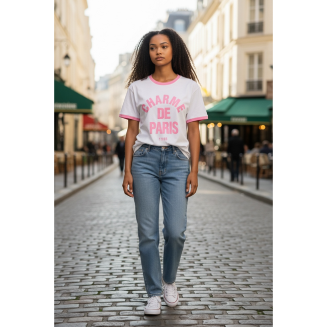 MOMO Fashion T-SHIRT CHARME DE PARIS WHITE/PINK ( ONE SIZE )