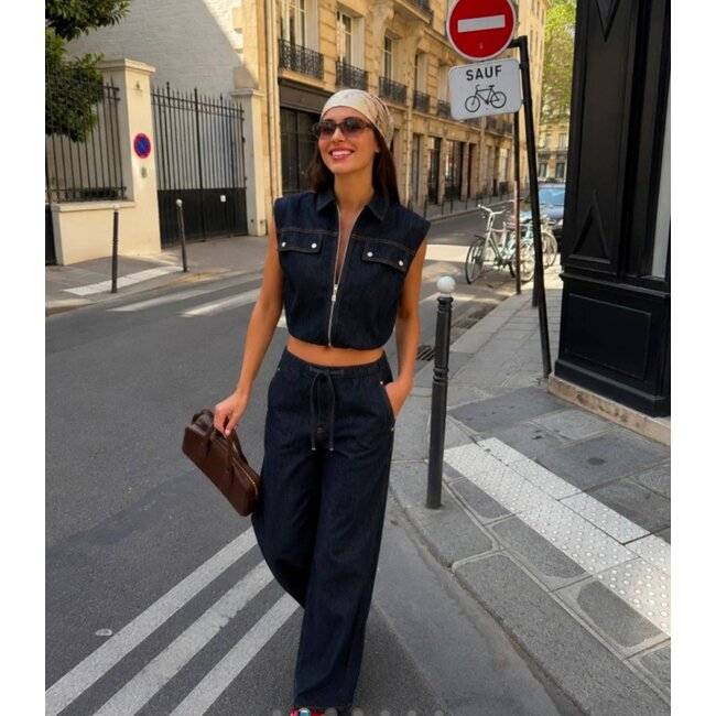 RHYME & HYPE 2-PIECE SET SLEEVLESS CROP VEST DENIM