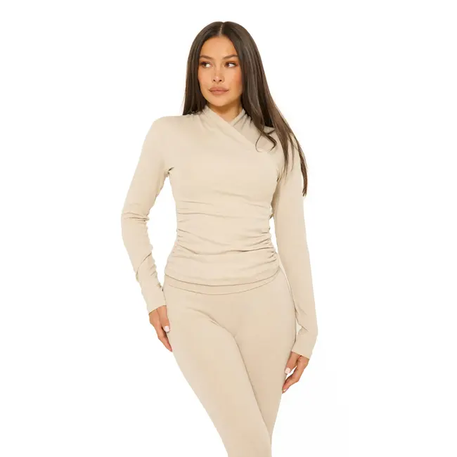 L.A Sisters LONG SLEEVE WRAP LOUNGE TOP BEIGE