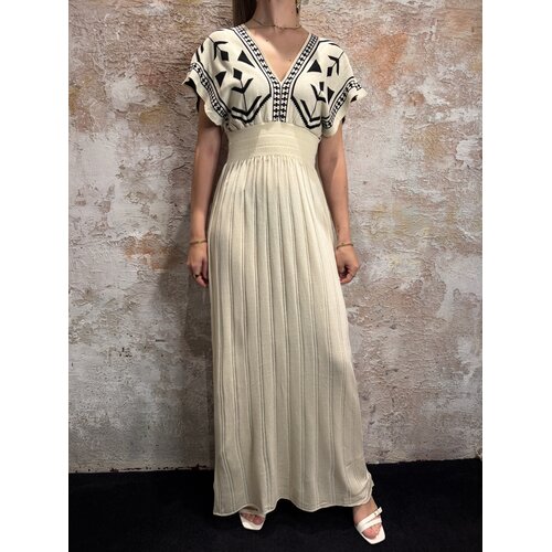 Rhyme & Hype Ethnic Pattern Pleat Dress Beige