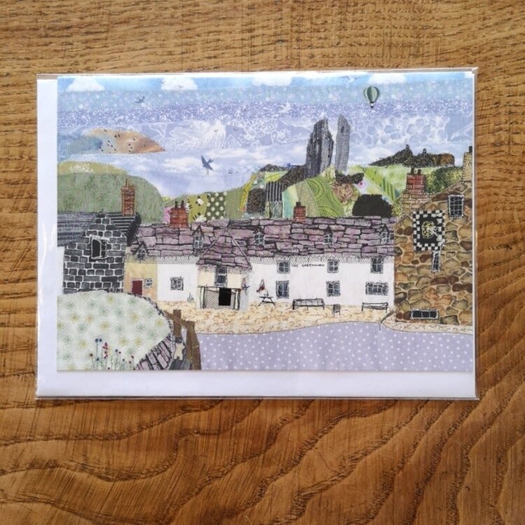 Lyn Hunt Corfe Castle Village Textile Art Card