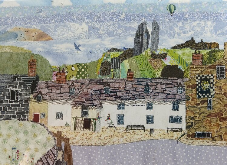 Lyn Hunt Corfe Castle Village Textile Art Card