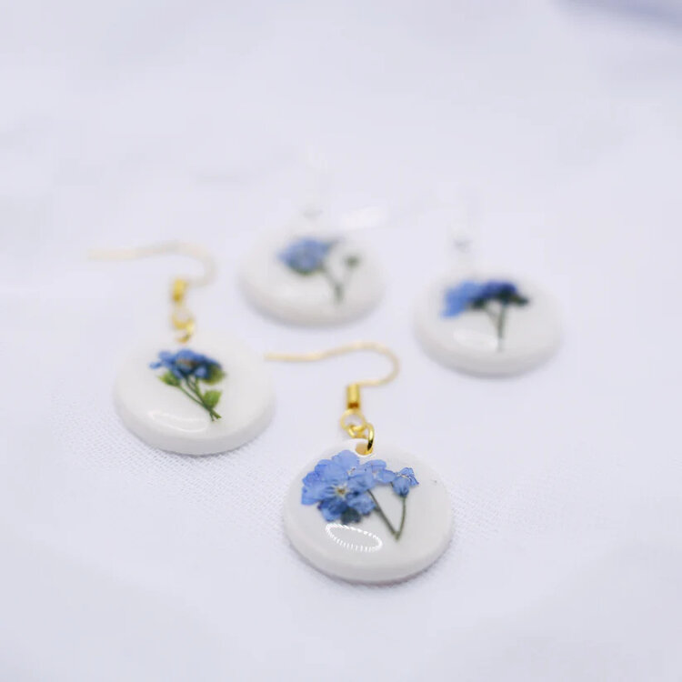 Nordic Flowers Forget-Me-Not Clay Pressed Flower Resin & Sterling Silver Earrings
