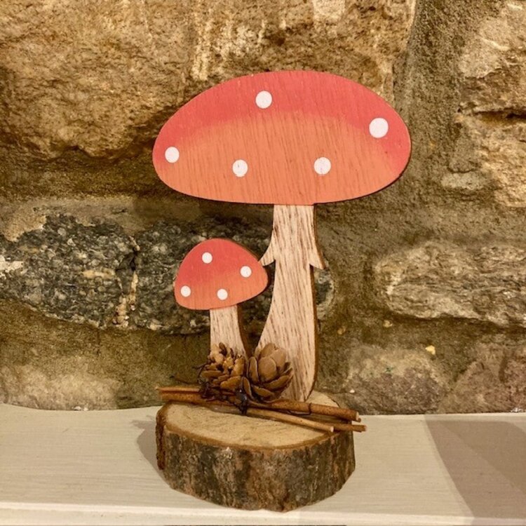 Heaven Sends Colourful Toadstools on Log Slice Decoration