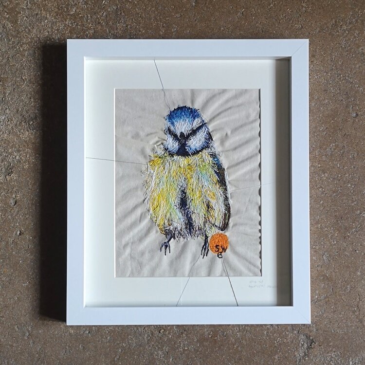 Suzy Wright Embroidered Blue Tit Framed Original