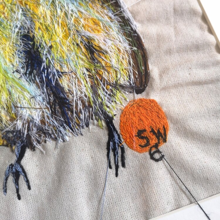 Suzy Wright Embroidered Blue Tit Framed Original