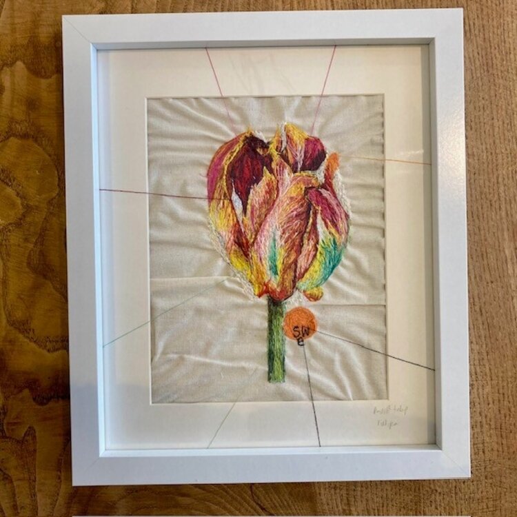 Suzy Wright Embroidered 'Parrot Tulip' Framed Original