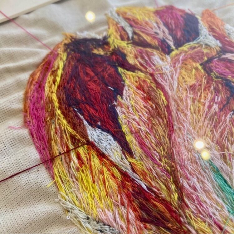 Suzy Wright Embroidered 'Parrot Tulip' Framed Original