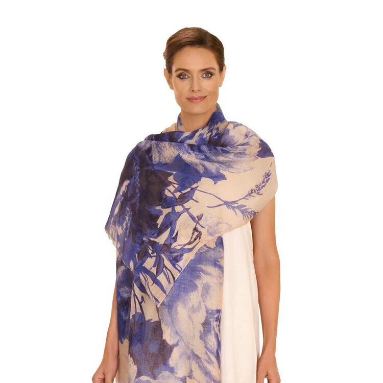 Powder 'China Blue Blooms' Linen/ Cotton Scarf
