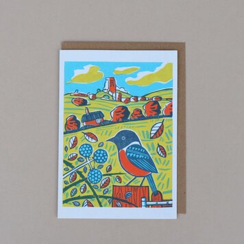 Samuel Hayward Art Corfe Castle Stonechat Lino Print Card