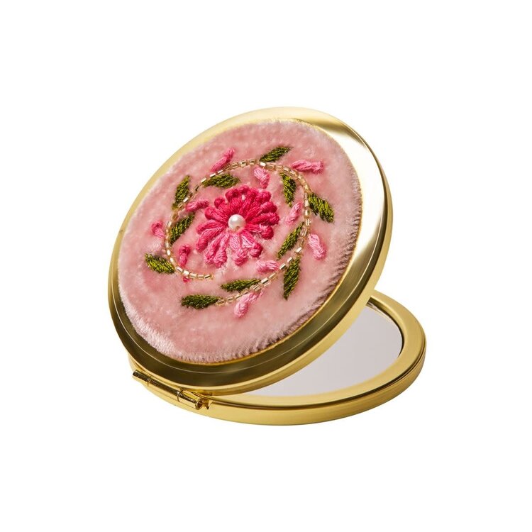 Powder Pink Daisy Embroidered Velvet Compact Mirror
