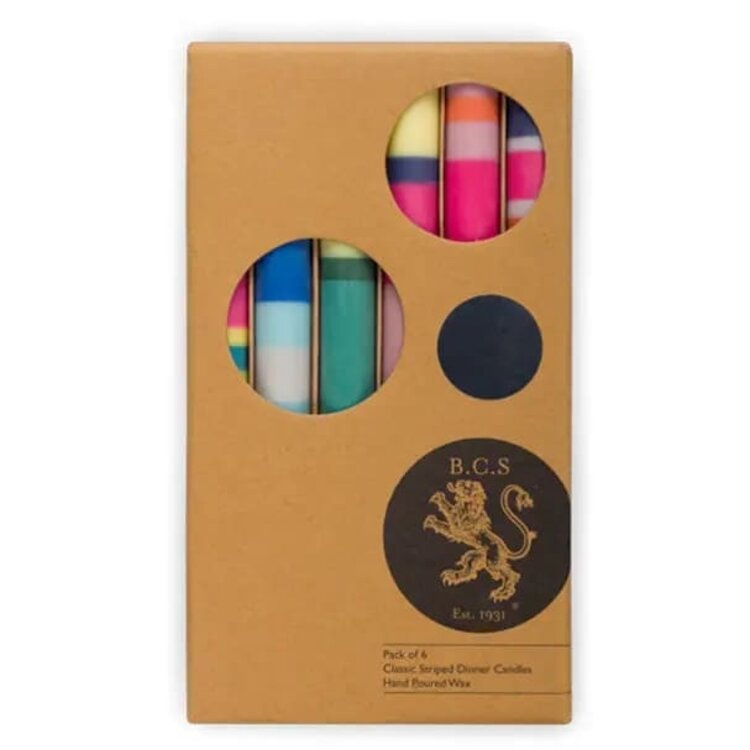 British Colour Standard Striped Eco Dinner Candles - Blue, Pink and Green - Set of 6