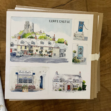 Lisa Layton Corfe Castle Village Watercolour Card