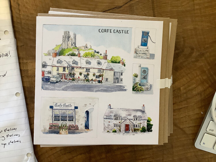 Lisa Layton Corfe Castle Village Watercolour Card