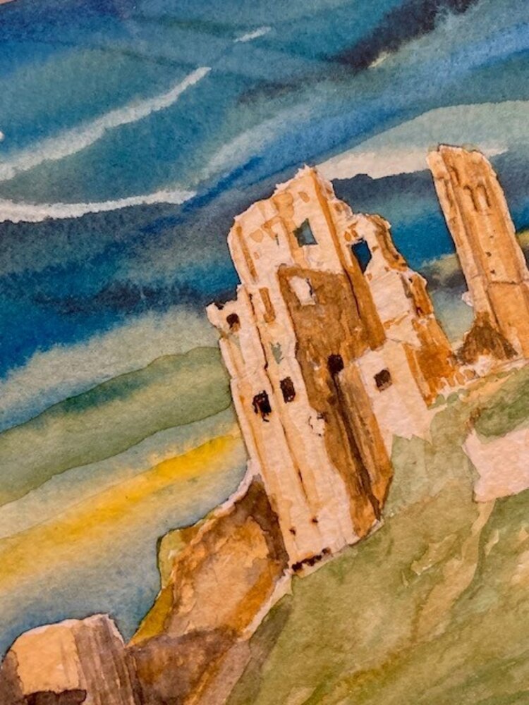 Derek Murray 'Corfe Castle Blues' Watercolour Original