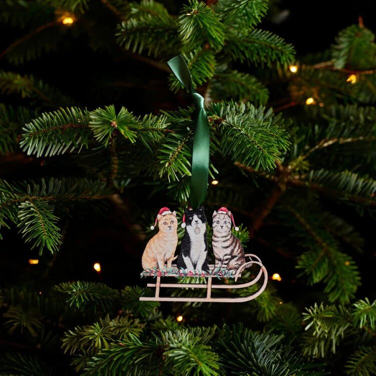 Lottie Murphy Wooden Cats on Sled Hanging Decoration