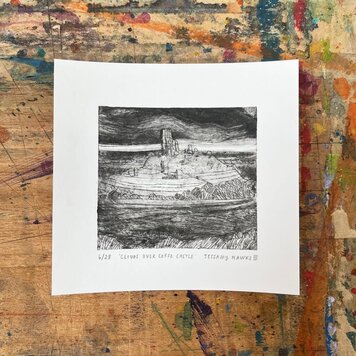 Jessamy Hawke 'Clouds Above Corfe Castle' Drypoint Etching Mini Print