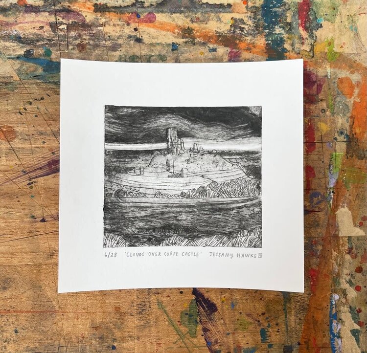 Jessamy Hawke 'Clouds Above Corfe Castle' Drypoint Etching Mini Print