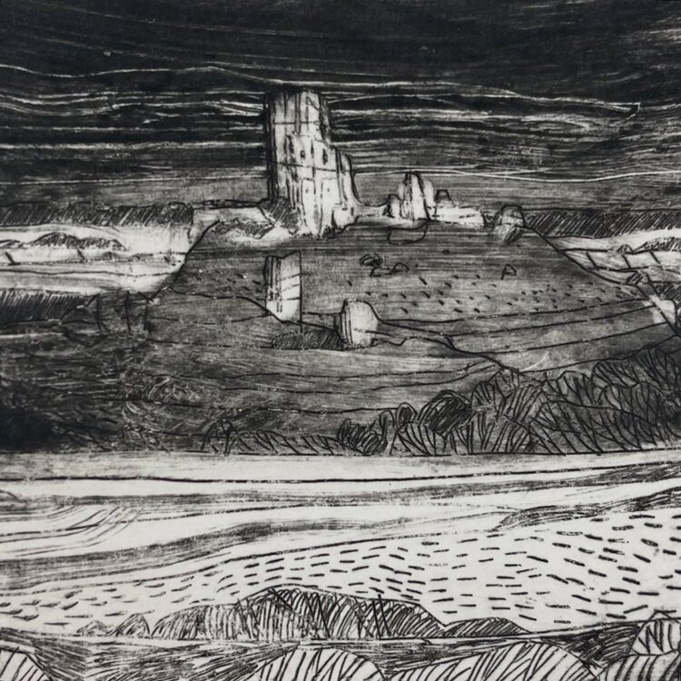 Jessamy Hawke 'Clouds Above Corfe Castle' Drypoint Etching Mini Print