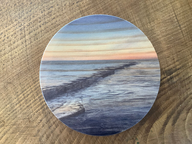 Naomi Ings 'Last Light at Kimmeridge' Round Wooden Coaster