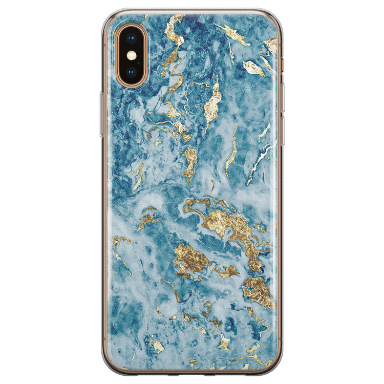 Leuke Telefoonhoesjes iPhone X/XS siliconen hoesje - Goud blauw marmer