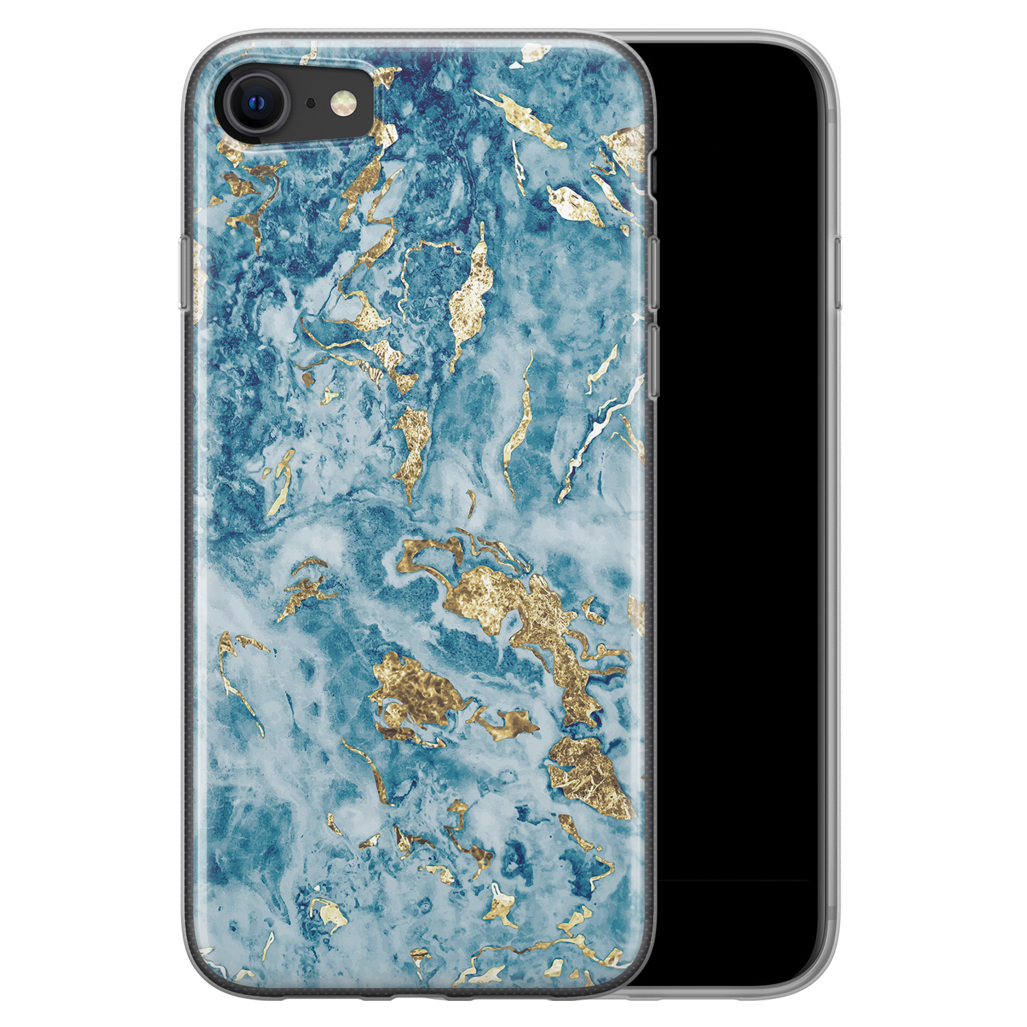 Leuke Telefoonhoesjes iPhone SE 2020 siliconen hoesje - Goud blauw marmer