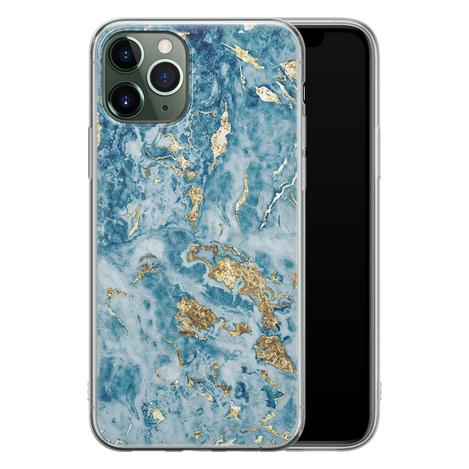 Leuke Telefoonhoesjes iPhone 11 Pro siliconen hoesje - Goud blauw marmer