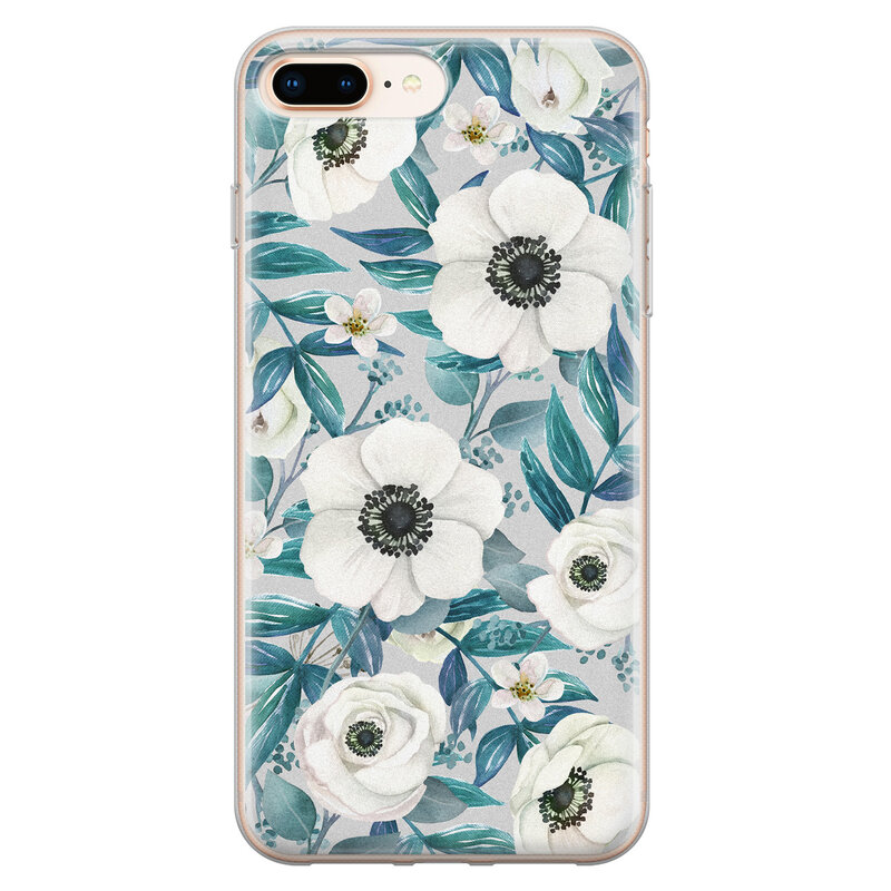 Leuke Telefoonhoesjes iPhone 8 Plus/7 Plus siliconen hoesje - Witte bloemen