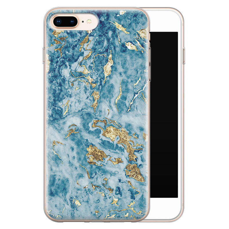 Leuke Telefoonhoesjes iPhone 8 Plus/7 Plus siliconen hoesje - Goud blauw marmer