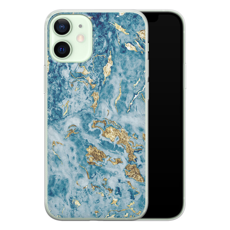 Leuke Telefoonhoesjes iPhone 12 mini siliconen hoesje - Goud blauw marmer