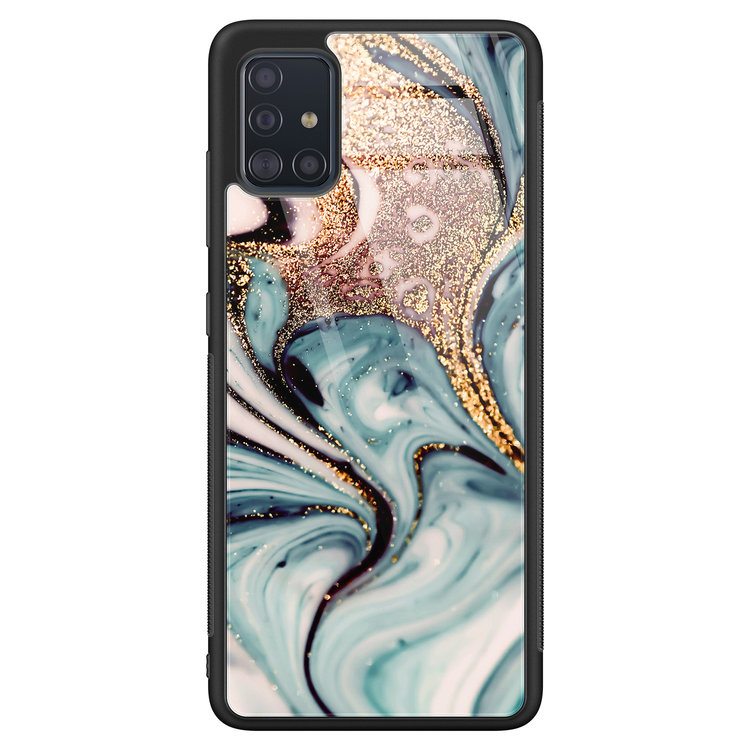 Leuke Telefoonhoesjes Samsung Galaxy A51 glazen hardcase - Marmer blauw goud