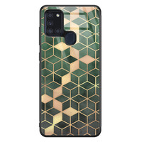 Leuke Telefoonhoesjes Samsung Galaxy A21s glazen hardcase - Green cubes