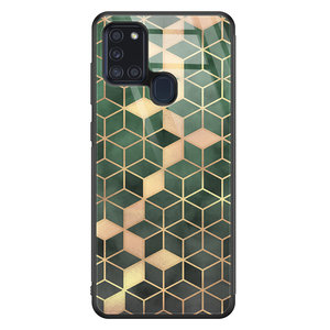 Leuke Telefoonhoesjes Samsung Galaxy A21s glazen hardcase - Green cubes