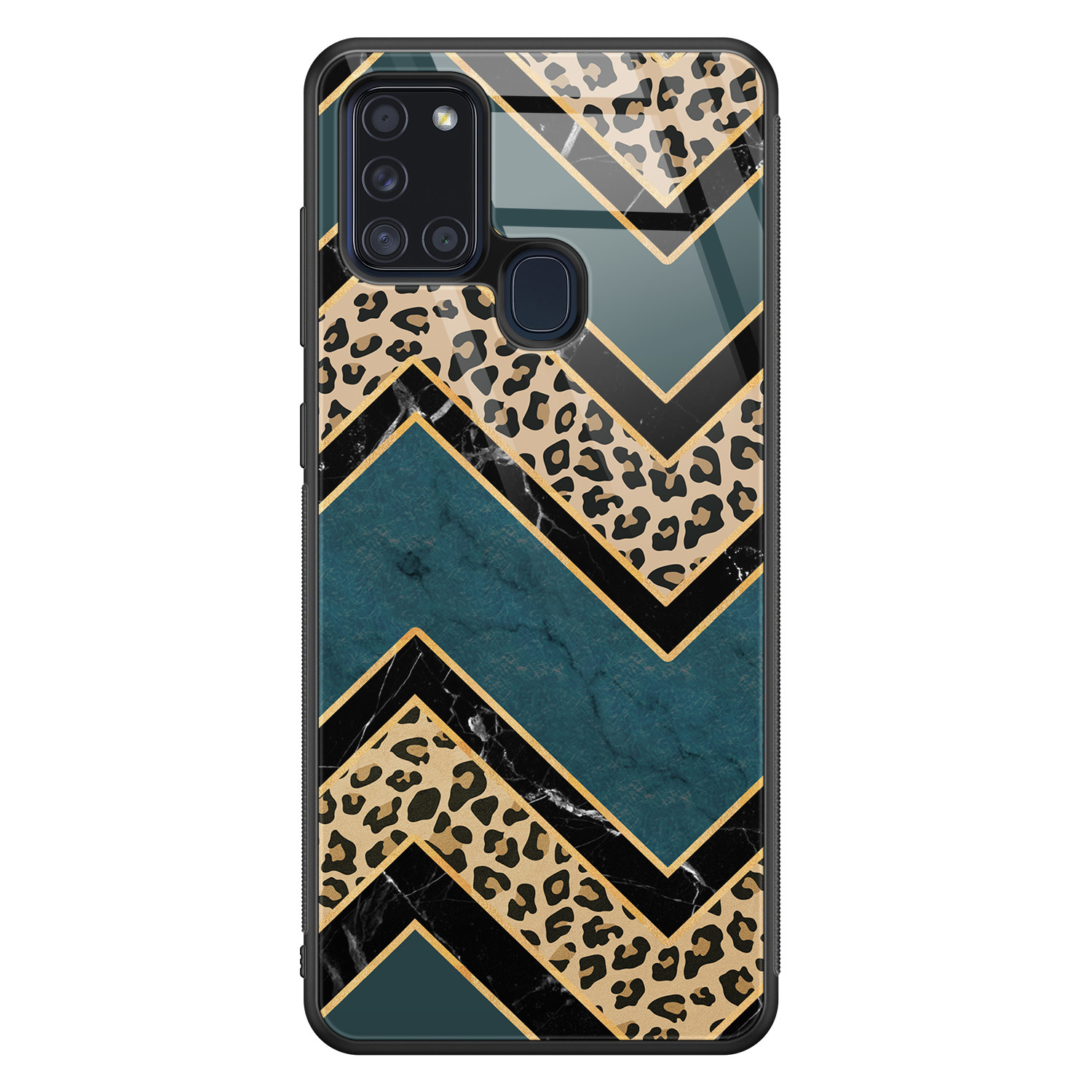 Leuke Telefoonhoesjes Samsung Galaxy A21s glazen hardcase - Luipaard zigzag