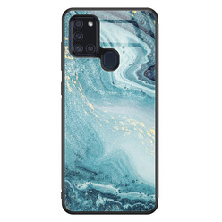 Leuke Telefoonhoesjes Samsung Galaxy A21s glazen hardcase - Marmer blauw