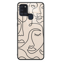 Leuke Telefoonhoesjes Samsung Galaxy A21s glazen hardcase - Abstract gezicht lijnen