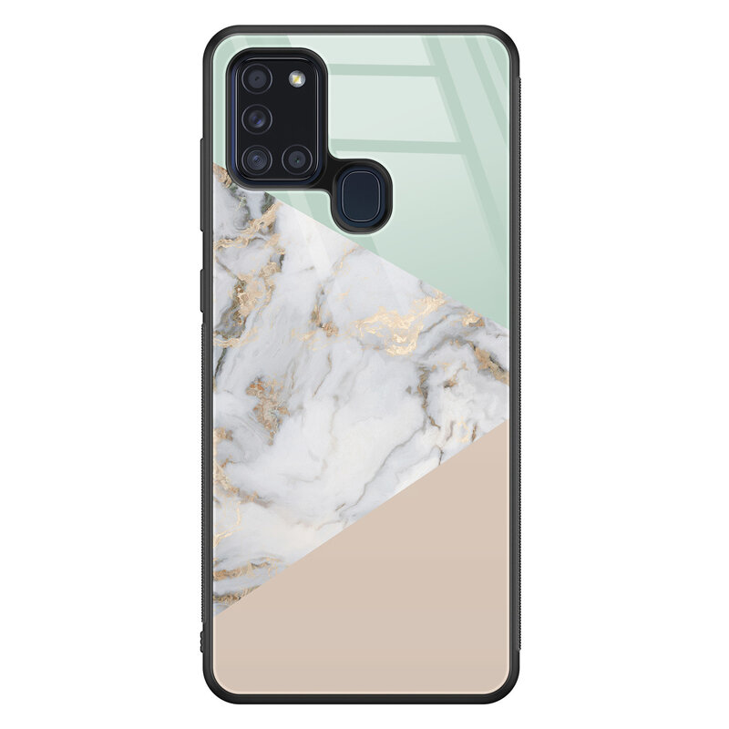 Leuke Telefoonhoesjes Samsung Galaxy A21s glazen hardcase - Marmer pastel mix