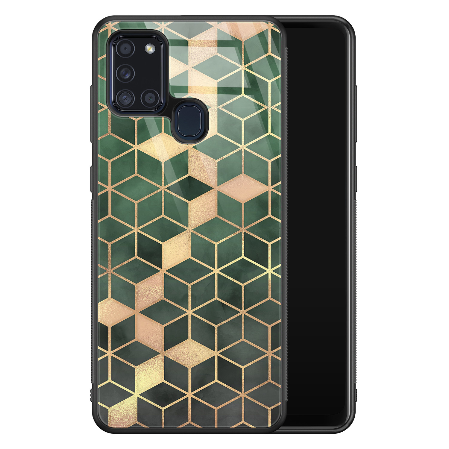 Leuke Telefoonhoesjes Samsung Galaxy A21s glazen hardcase - Green cubes