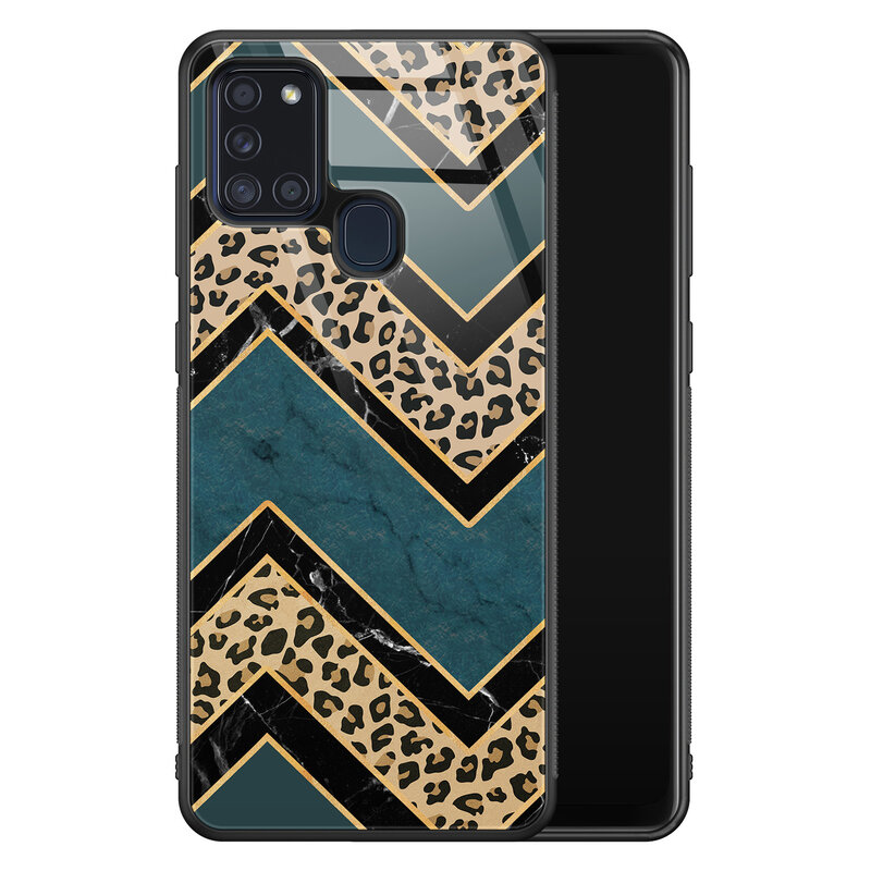 Leuke Telefoonhoesjes Samsung Galaxy A21s glazen hardcase - Luipaard zigzag