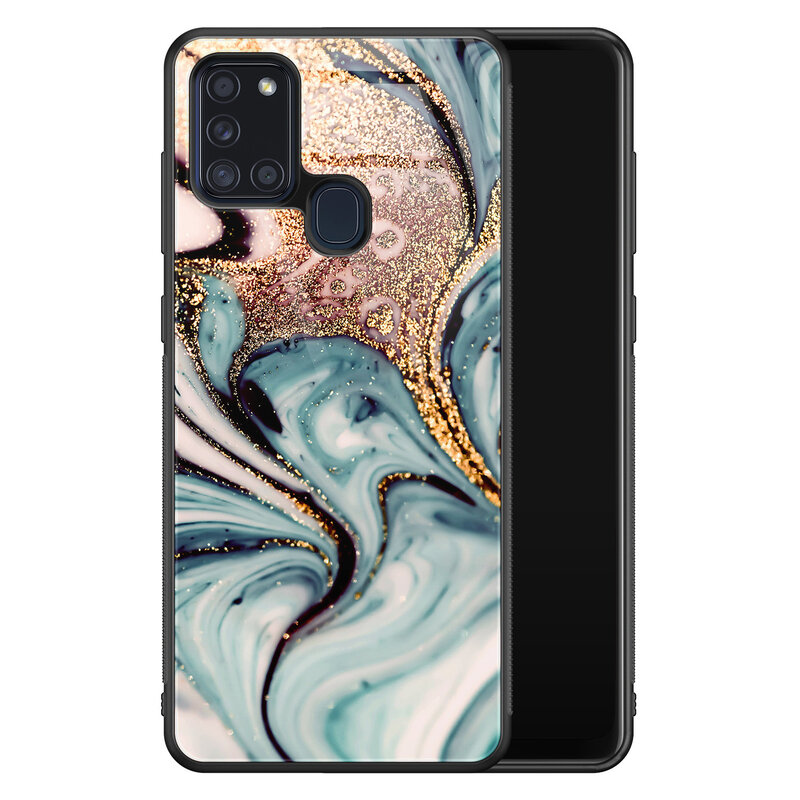 Leuke Telefoonhoesjes Samsung Galaxy A21s glazen hardcase - Marmer blauw goud