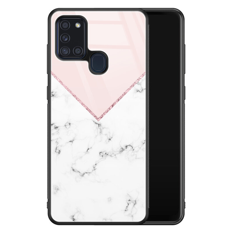 Leuke Telefoonhoesjes Samsung Galaxy A21s glazen hardcase - Marmer roze grijs