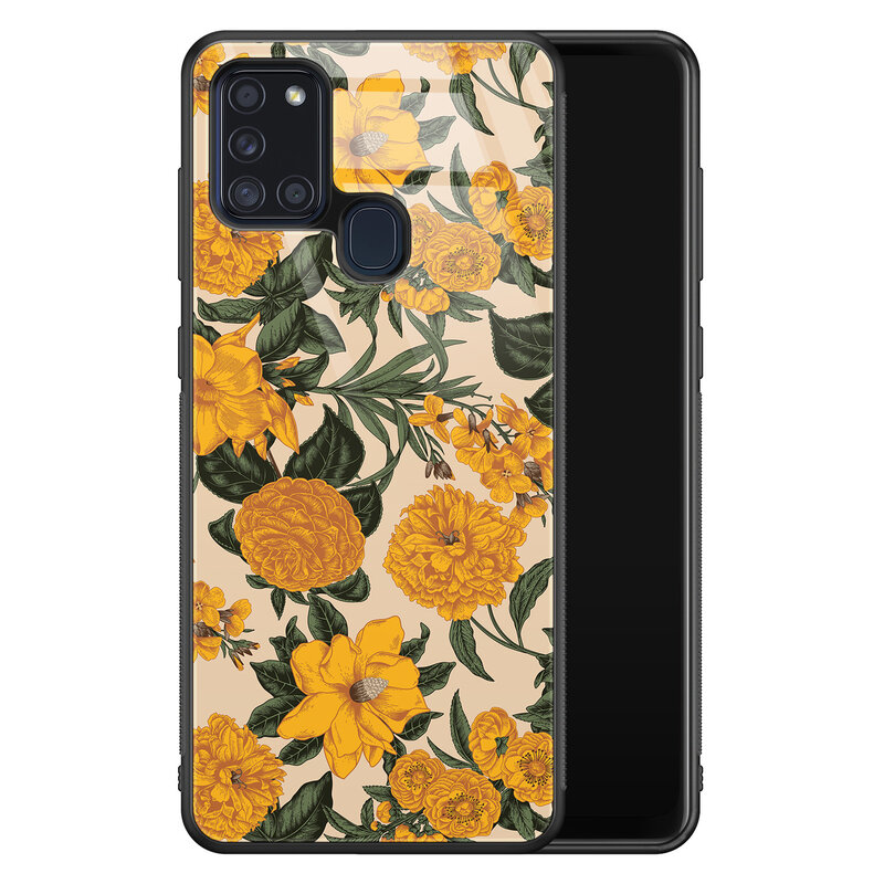 Leuke Telefoonhoesjes Samsung Galaxy A21s glazen hardcase - Retro flowers