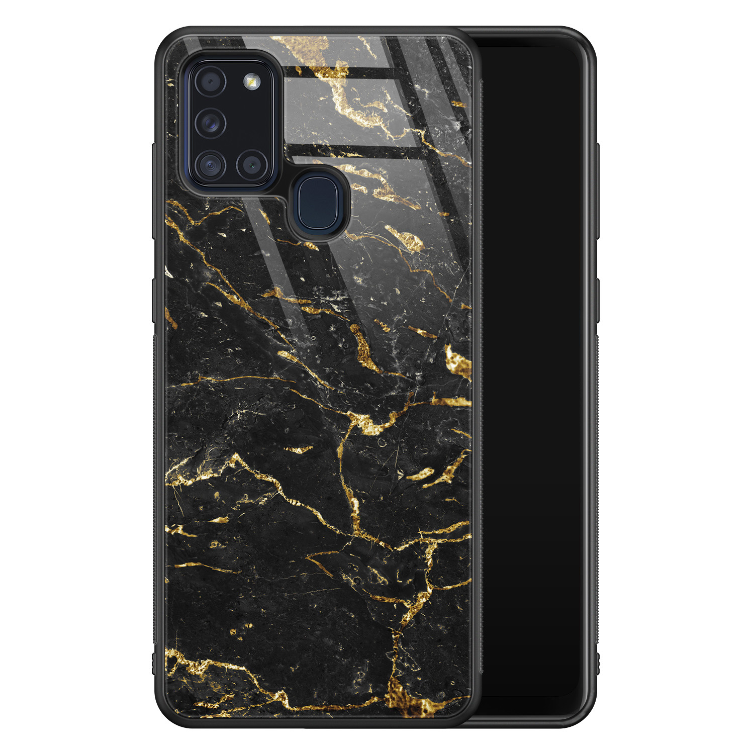 Leuke Telefoonhoesjes Samsung Galaxy A21s glazen hardcase - Marmer zwart goud