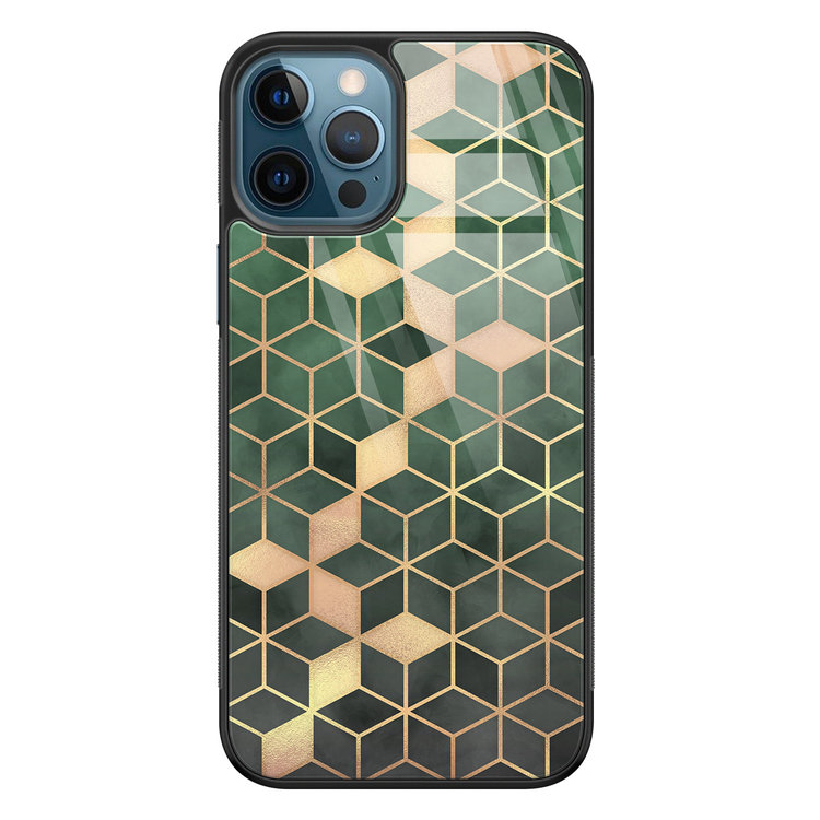 Leuke Telefoonhoesjes iPhone 12 glazen hardcase - Green cubes