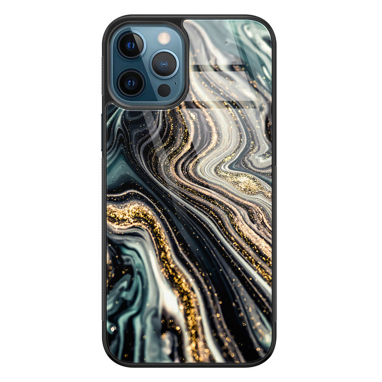 Leuke Telefoonhoesjes iPhone 12 glazen hardcase - Marmer swirl