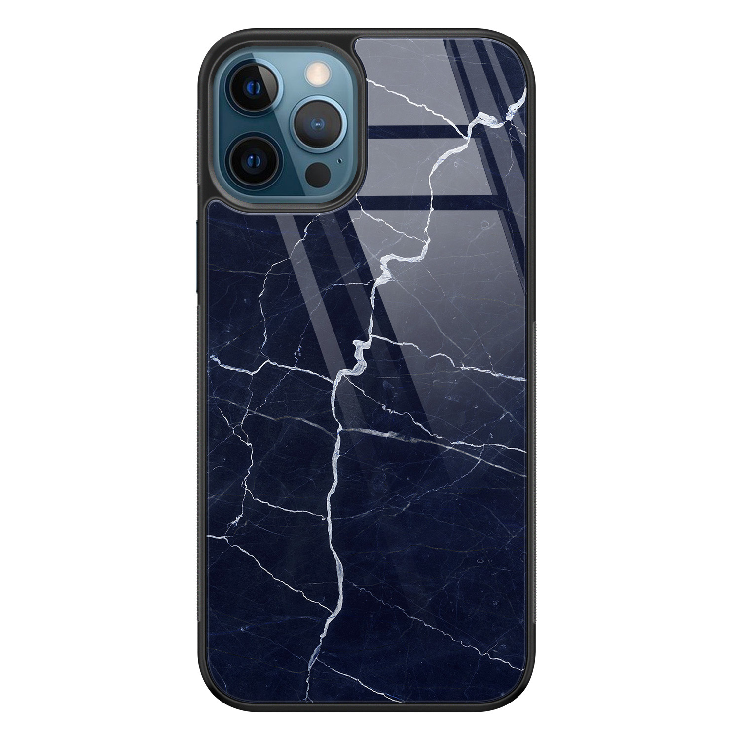 Leuke Telefoonhoesjes iPhone 12 glazen hardcase - Marmer navy blauw