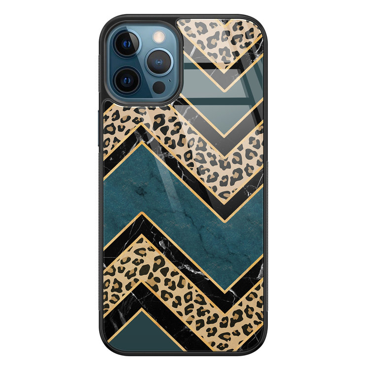 Leuke Telefoonhoesjes iPhone 12 glazen hardcase - Luipaard zigzag