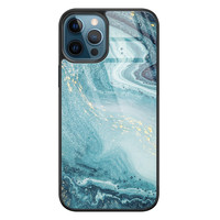 Leuke Telefoonhoesjes iPhone 12 glazen hardcase - Marmer blauw